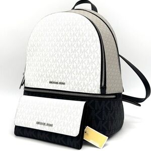 Michael Kors Rhea Medium Zip Backpack & Large Trifold Wallet Optic White Multi